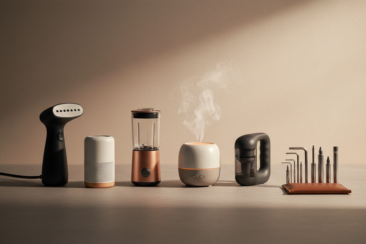 Create a premium moody-style hero image featuring neatly arranged daily-use gadgets such as a handheld steamer, lint remover, portable blender, aroma diffuser, mini vacuum, and small home tools. Use soft warm lighting, deep shadows, and a minimalist beige or warm grey background. Aesthetic, modern, clean composition. High-resolution output at 3645 × 2048 pixels.