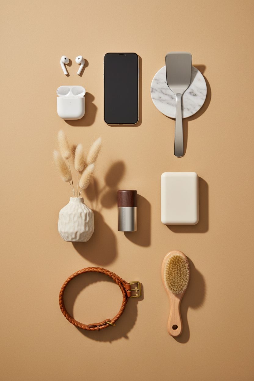 Generate a vertical minimalist lifestyle flat-lay combining daily-use gadgets, décor pieces, kitchen tools, mobile tech accessories, car accessories, and pet-care essentials on a warm beige background. Use soft natural shadows, clean spacing, and a calm, curated premium aesthetic. No text. High-resolution output at 1080 × 1920 pixels